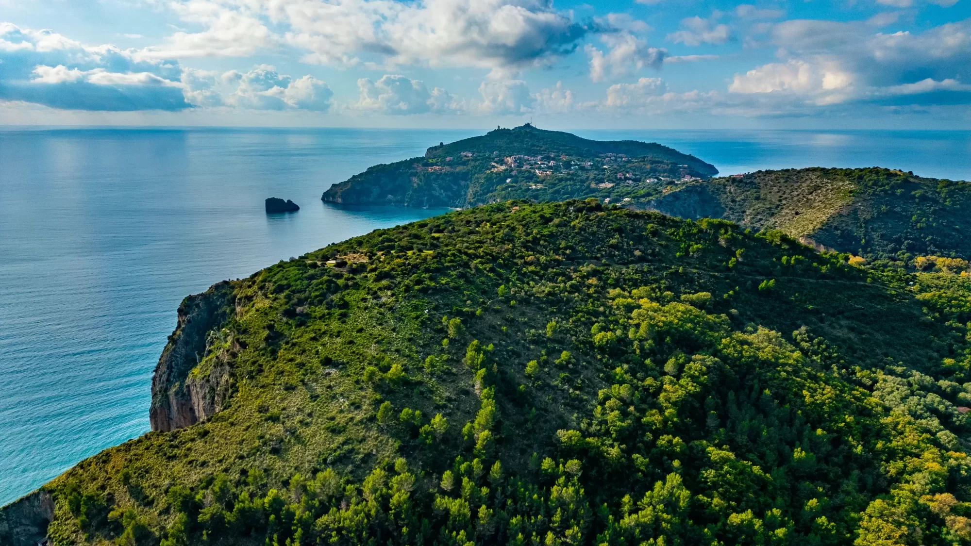 Vista aerea di paesaggio costiero con colline verdi e mare azzurro.
