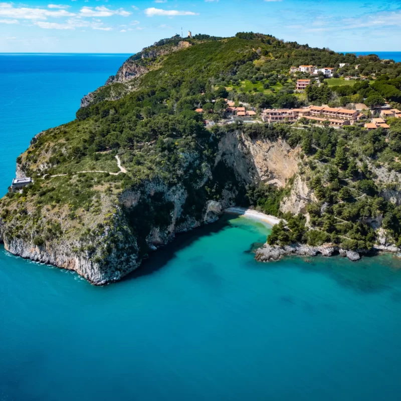 Vista aerea di un promontorio verdeggiante con scogliere e mare azzurro, situato in Toscana.