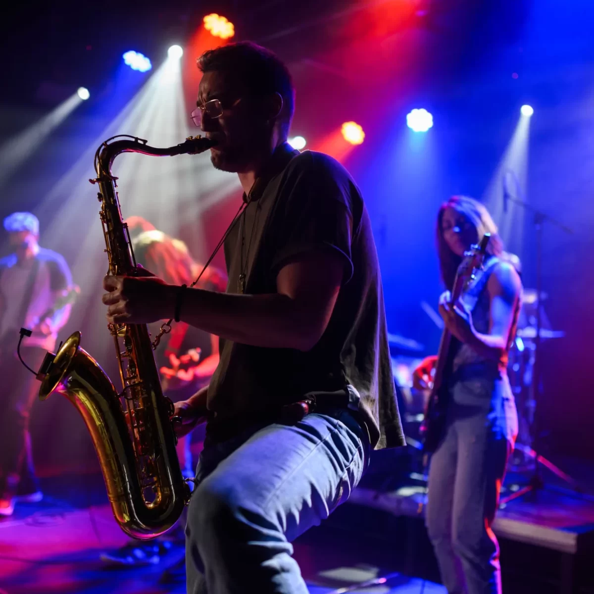 Un musicista suona il sassofono in un concerto dal vivo con luci colorate sullo sfondo.